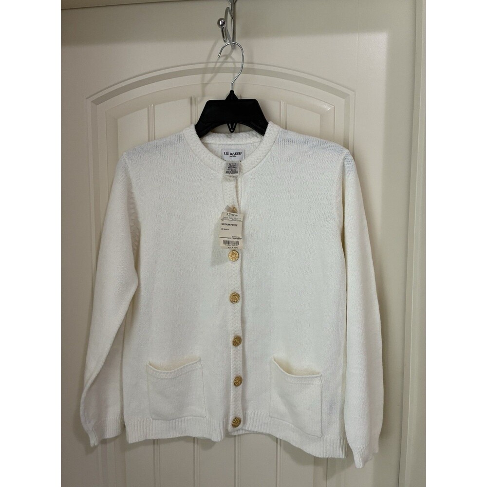 Vintage Liz Baker Petite Medium Beige  Ivory Cardigan Gold Button NWT